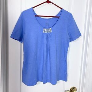 KIARA Mother of Pearl Embellished Gathered Scoop Neck Cotton Knit Top Lt. Blue L